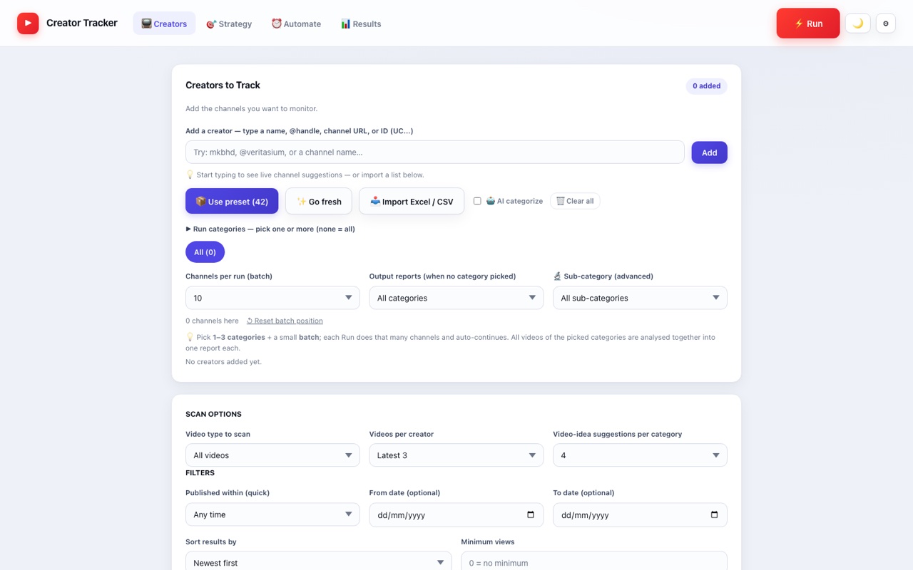 Creator Tracker — AI research dashboard that tracks creator trends and turns them into data-backed conten…