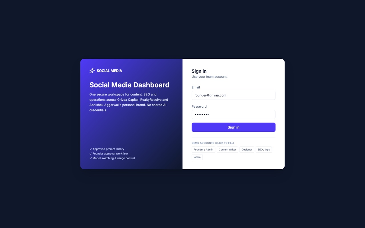 Grivaa AI Command Center — Internal AI workspace for social content, scheduling and analytics across the firm's br…
