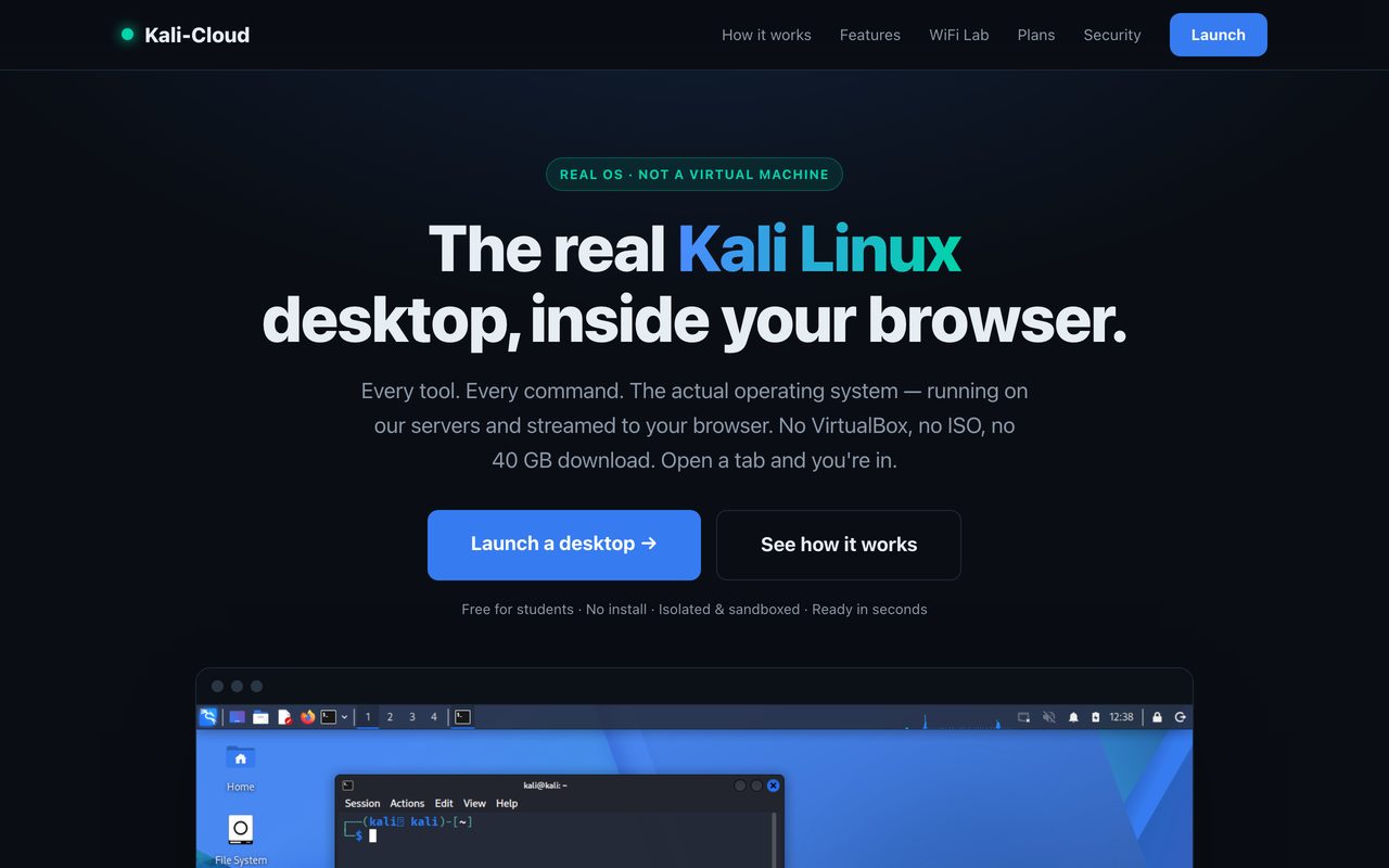 Kali-Cloud — The real Kali Linux desktop streamed into a browser tab