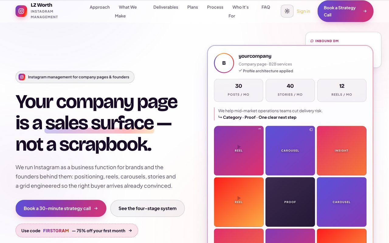 LZ Worth Instagram — Managed pages for brands and founders — reels, carousels and stories.