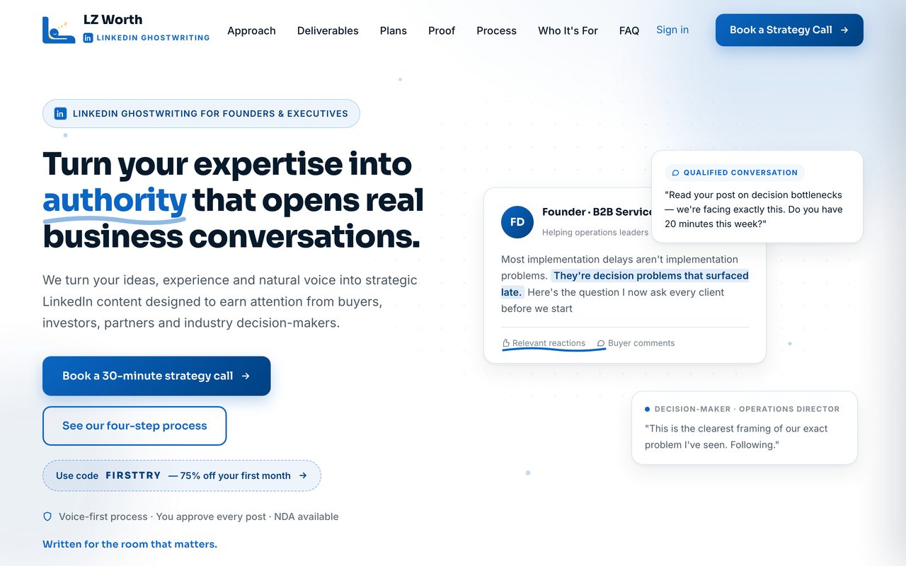 LZ Worth LinkedIn — Ghostwriting for founders, CXOs and consultants, in their own voice.