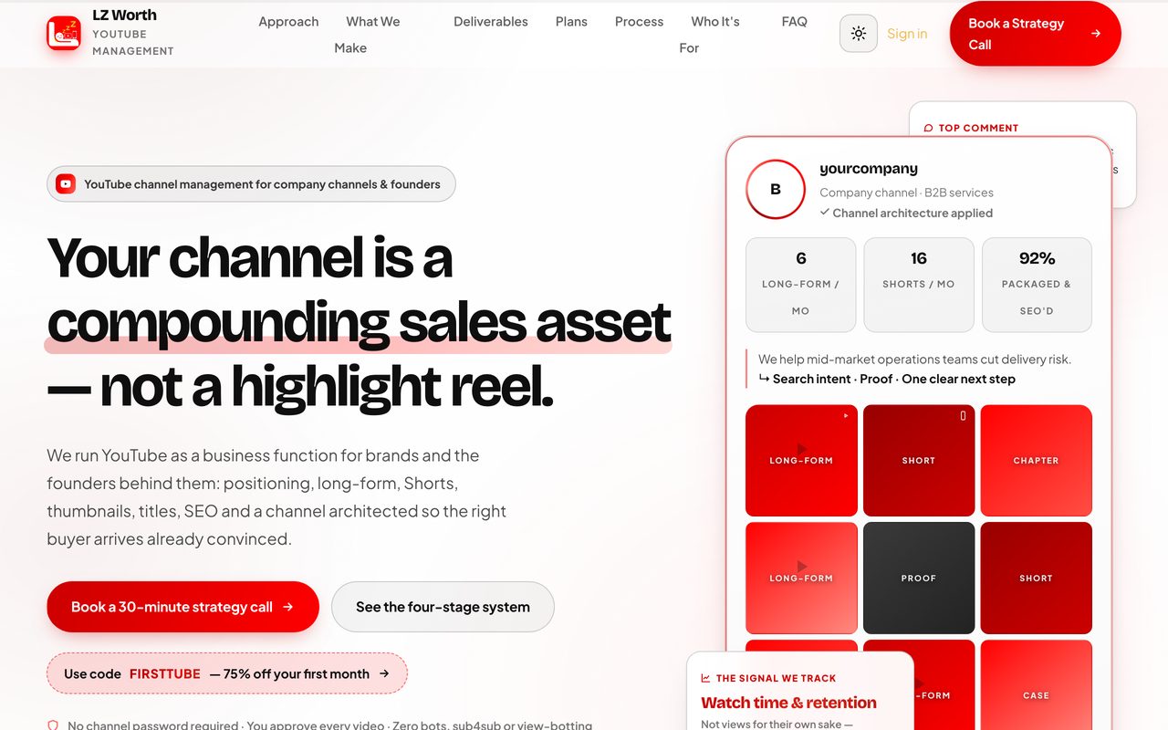 LZ Worth YouTube — Managed channels for founders — long-form, Shorts, packaging and SEO.
