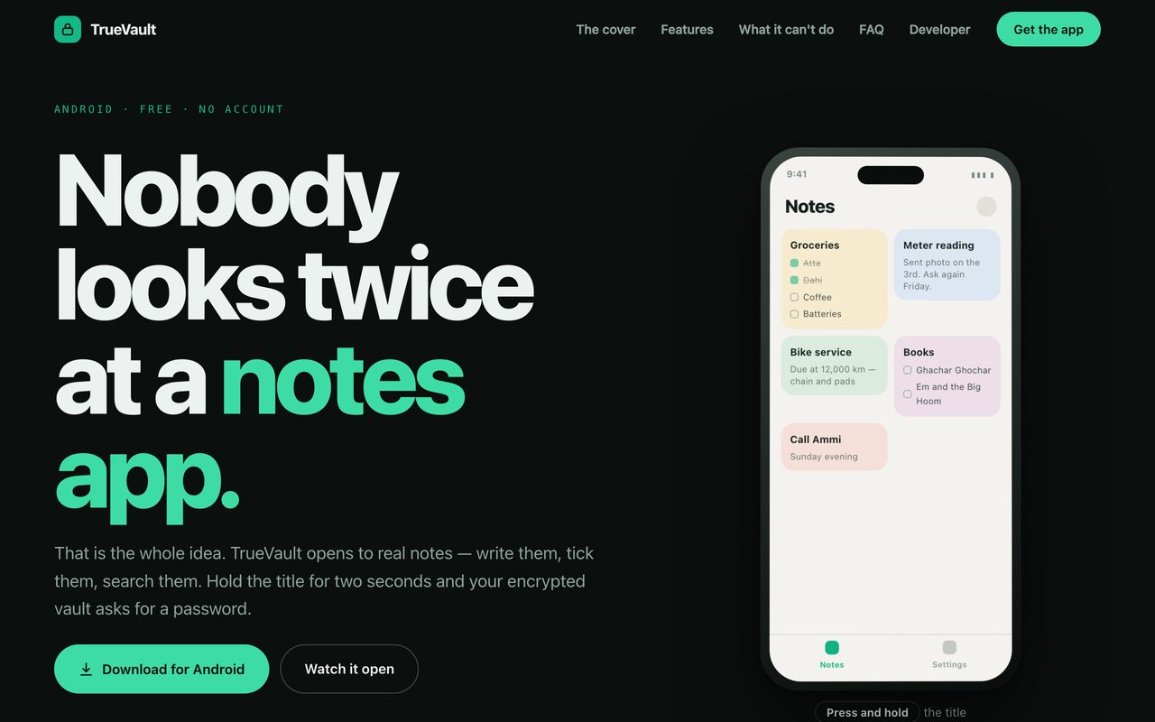 TrueVault — An Android file vault that opens as a working notes app